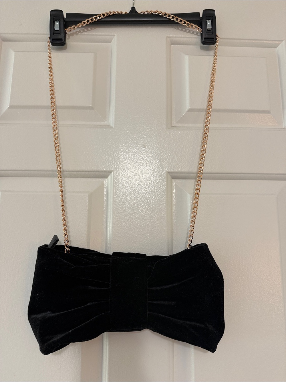 LC Lauren Conrad Black Velvet Bow Clutch with Rose Gold Chain